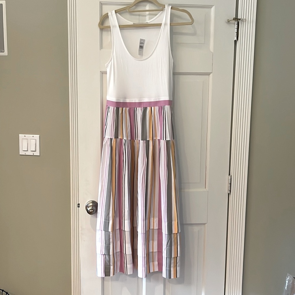 LOFT White Tank Dress with Pink, Yellow and Gray Striped Skirt